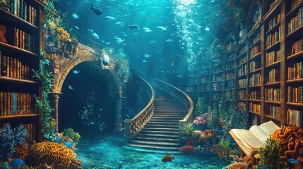 a massive underwater fantasy library with bookshelves everywhere, there are winding staircases, potted plants, old ancient scrolls 