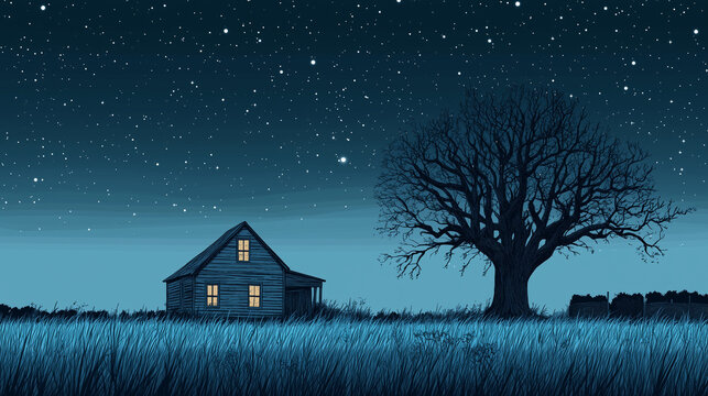 old house and big leafless tree in grassy field under the stars at night