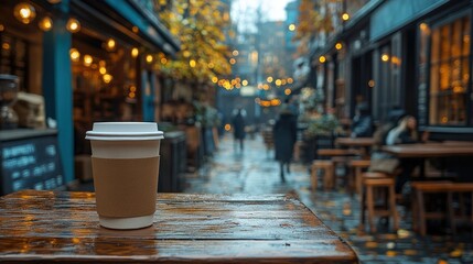 A cozy afternoon of people-watching with takeaway coffee in a charming alleyway filled with autumn colors and soft lighting
