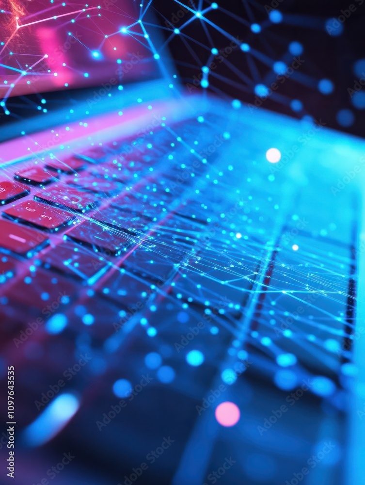 Poster close up of laptop computer with blue polygonal mesh. technology, security and web hacking concept. 