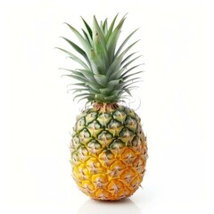 Fototapeta premium Ripe pineapple standing on white background with green leaves