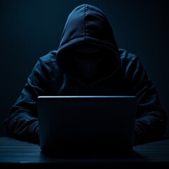 Hacker dark face using laptop