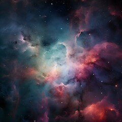 Naklejka premium A vibrant cosmic scene showcasing colorful nebulae and stars in the universe.