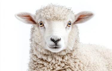 Close-Up Portrait of a Young Sheep with Soft Wool and Expressive Eyes Against a Clean White Background for Agricultural or Farm-Themed Use