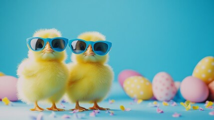 Two yellow chicks wearing sunglasses