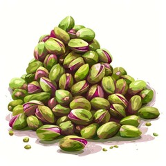 Pistachio nuts forming a pyramid shape on white background
