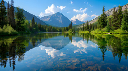 Pristine Mountain Lake Reflecting Lush Forests Under Clear Blue Sky, Capturing Pure Natural Beauty