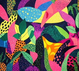 Colorful Abstract Botanical Design Featuring Vibrant Leaves and Organic Shapes on Dark Background Ideal for Modern Decor and Nature-Inspired Artworks