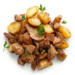 Roasted potatoes with diced pork meat and parsley on white background