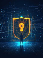 Concept of Antivirus software, data protection and cyber security. Digital protection system privacy program from hacking, web crime and virus attack. Flat Art Rastered Copy