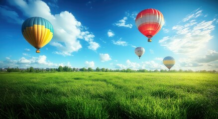 Obraz premium Colorful Hot Air Balloons Floating Over Lush Green Field Under Bright Blue Sky With Fluffy White Clouds in a Picturesque Landscape Setting