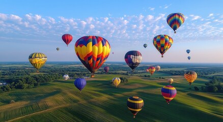 Obraz premium Colorful Hot Air Balloons in a Clear Sky Over Lush Green Fields During a Vibrant Sunrise, Capturing the Joy of Festival and Adventure