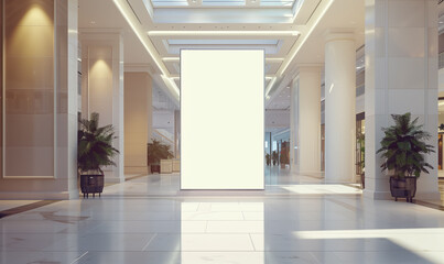 Screen banner in a supermarket or hypermarket with a white background for mockup. Copyspace for marketing and sales design of various services and goods.