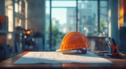 Construction Helmet and Blueprint on Workspace Desk in Modern Office Environment with Natural Light and Urban Background