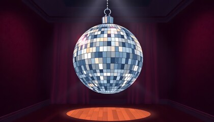 Obraz premium A_cartoonish_clipart_style_of_A_shimmering_disco_ball,_roughly_two_feet_in_diameter,_hangs_from_the_ceiling_in_a_dimly_lit_room_Its_surface_is Generative AI