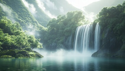 Fototapeta premium Serene Waterfall in a Lush Mountain Landscape