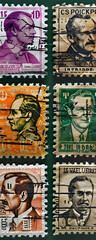 Obraz premium Collection of vintage postage stamps featuring portraits of historical figures.