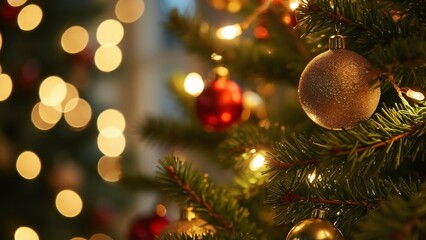 Obraz premium Close-up Christmas Tree, Golden & Red Ornaments, Soft Lighting