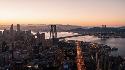 Obraz premium Generative AI, Golden Sunset Over a City and Suspension Bridge