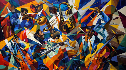 A vibrant cubism painting capturing the essence of a jazz band performance, with musicians and instruments fragmented into abstract shapes and colors that convey the rhythm and energy of the music.