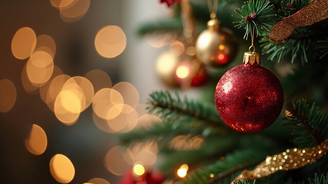 Close-up Red & Gold Christmas Ornaments Bokeh