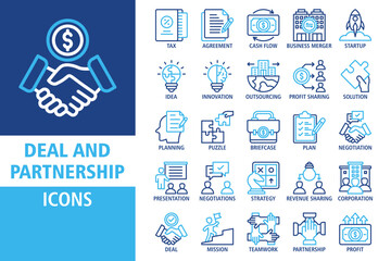 Deal and partnership icon set. Containing Tax, Agreement, Cash flow, Idea, Innovation, Negotiation, Presentation, Revenue sharing, Deal, Mission, Teamwork, Partnership icons. Solid outline collection.