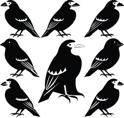 Obraz premium Black Bird Silhouettes Vector Graphic: Crow Raven Clip Art Illustration, Wildlife Birdwatching Design Element, Isolated Bird Icons