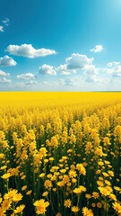 Fototapeta premium Vast yellow rapeseed field under the blue sky, blooming flowers, harvest, peaceful surroundings