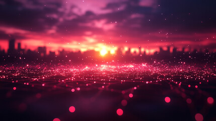 futuristic cityscape at night, featuring a glowing skyline enhanced with a digital mesh overlay, symbolizing technology, connectivity, and innovation in urban development

