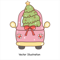 Groovy christmas red car. Vector illustration.