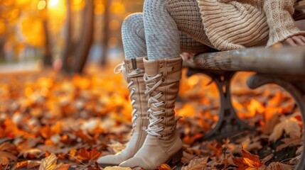 Woman in autumn boots sits on park bench amidst fallen leaves.