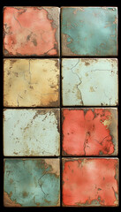 Eight distressed color tiles.