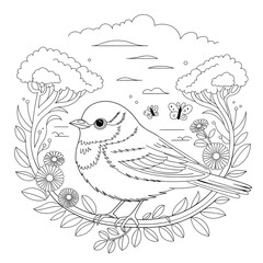 bird on branch colouring page