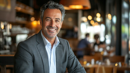 Obraz premium Man smiling in a modern cafe during a busy afternoon with warm lighting and cozy atmosphere