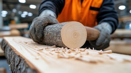 A dedicated carpenter hones his craft, meticulously shaping wood with precise hammer strokes in a bustling workshop.