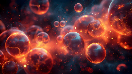 Glowing orbs float in smoky, dark space.