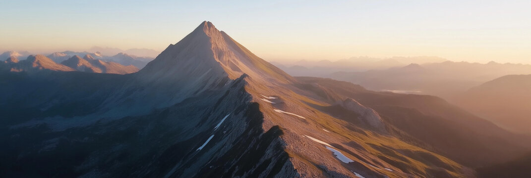 An awe-inspiring panoramic view of mountain peaks bathed in warm sunlight at dawn, showcasing nature's beauty and the call of adventure and exploration.