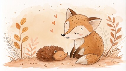 Create a soft whimsical watercolor drawing of a loving fox sitting next to a sleeping hedgehog in a warm-toned setting.