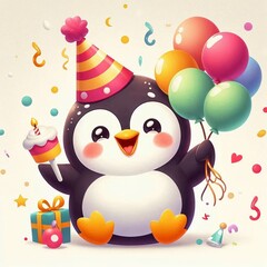 Fototapeta premium A cheerful penguin holding colorful balloons and celebrating at a birthday party with gifts and fun decorations.