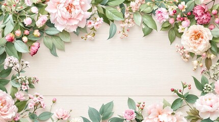 Watercolor floral illustration with various types of flowers and leaves on a natural background, botanical art., pastel hues, floral wreath, natural background, spring decor