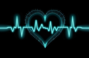 A glowing heart shape with an electrocardiogram line pulsating rhythmically in a dark background representing life and vitality.