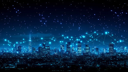 futuristic cityscape at night, featuring a glowing skyline enhanced with a digital mesh overlay, symbolizing technology, connectivity, and innovation in urban development
