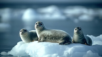 Weddell seal pups on the ice of the Antarctic, Water animals ice north wildlife seal white nature snow sea, family of seals basking in the sun on snowy shore
