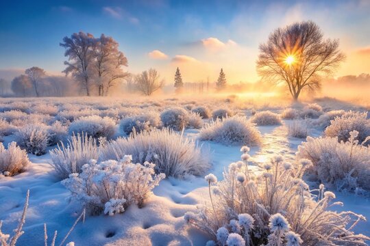 Winter sunrise, frosty landscape, sunlight through trees, snowy field, tranquil morning, vibrant colors, winter wonderland, misty atmosphere, serene nature scene
