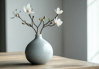 Elegant Minimalist Arrangement of White Flowers in a Simple Gray Vase on a Wooden Table with Soft Natural Light Creating a Serene Atmosphere