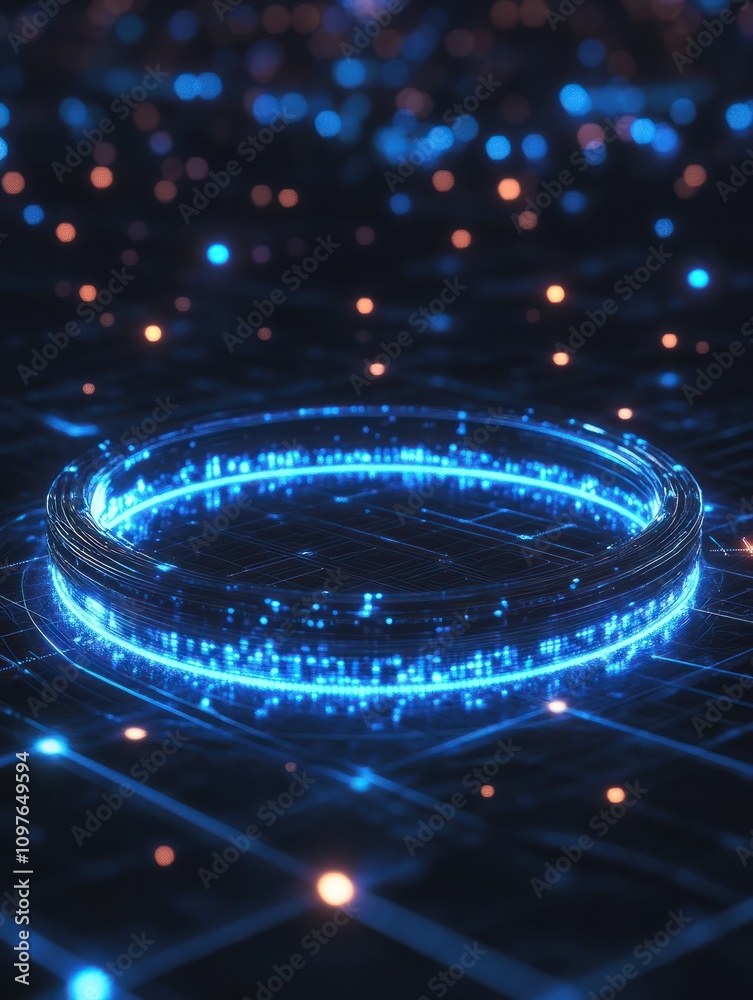 Poster glowing round digital blue interface on dark grid background with mock up place. hud, innovation, di