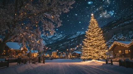 Christmas Tree with Starry Night Backdrop