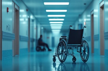 Empty wheelchair in a hospital corridor with a shadowy figure in the background, symbolizing the challenges of mobility, care, and health in clinical environments.