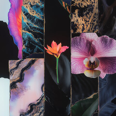 Orchid and Orange Flower in Textured Panels Luxury Gift Card Wedding Invite Mood Board
