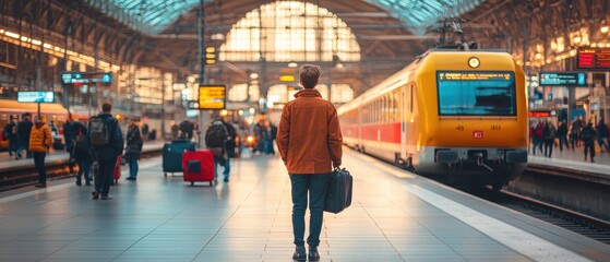 Fototapeta premium A traveler with a suitcase waits for a train in a bustling station filled with people.